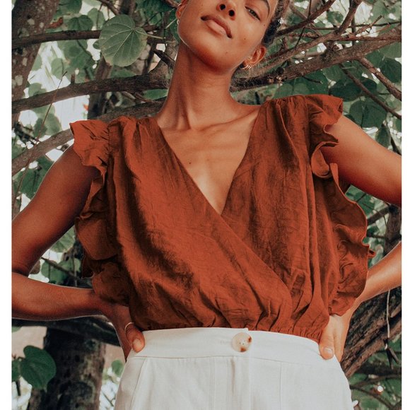 Smile Awhile Rust Red Ruffled Surplice Bodysuit, Size S - Picture 3 of 9